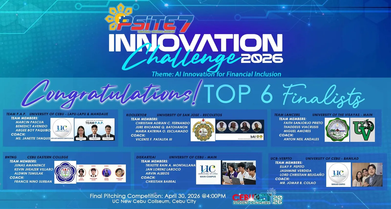 Innovation Challenge 2026 announcement of the top 6 finalists, theme: AI innovation for financial inclusion