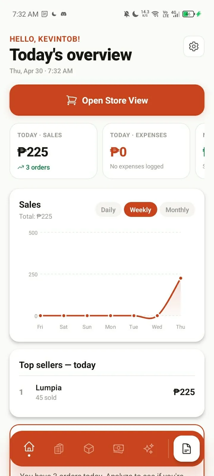 Kita app home screen: today’s sales, expenses and a sales chart for the store
