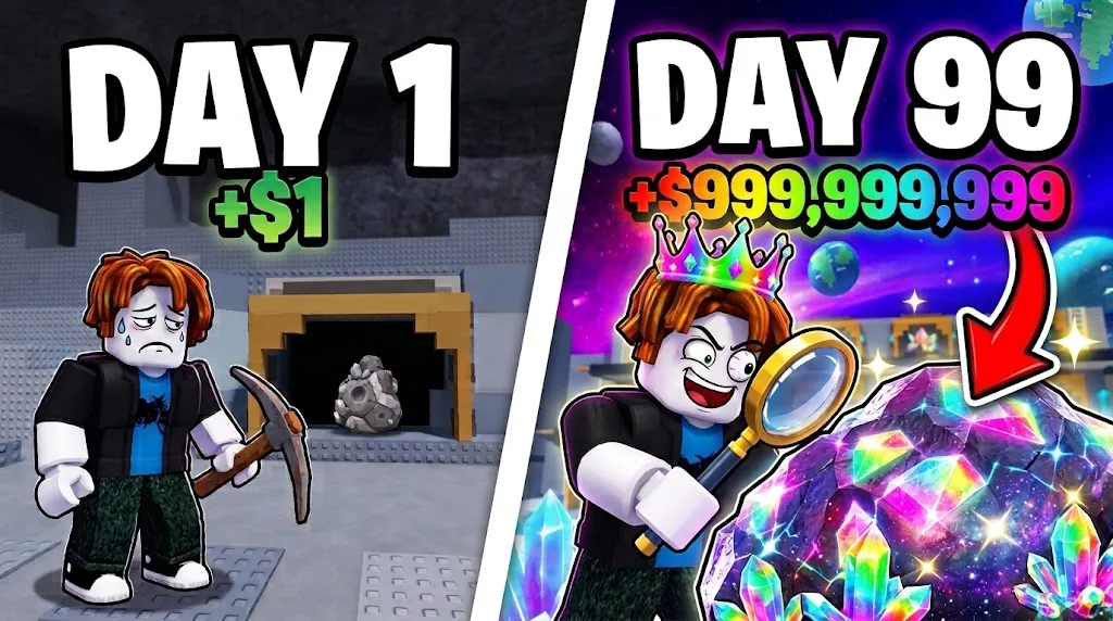 Mine a Moon Ores thumbnail: Day 1 with $1 versus Day 99 with $999,999,999
