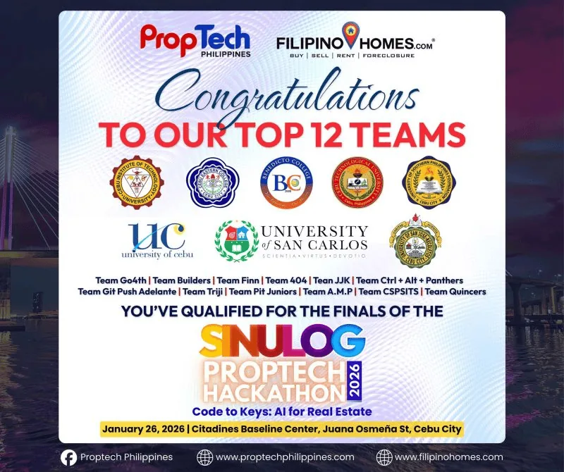 Sinulog PropTech Hackathon 2026 announcement: congratulations to the top 12 teams who qualified for the finals
