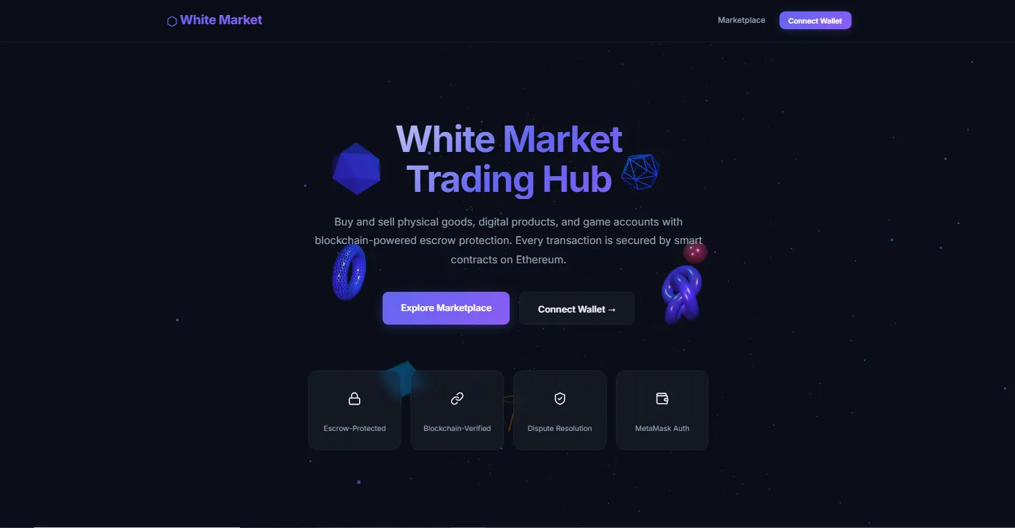 White Market landing page: a trading hub for buying and selling with crypto